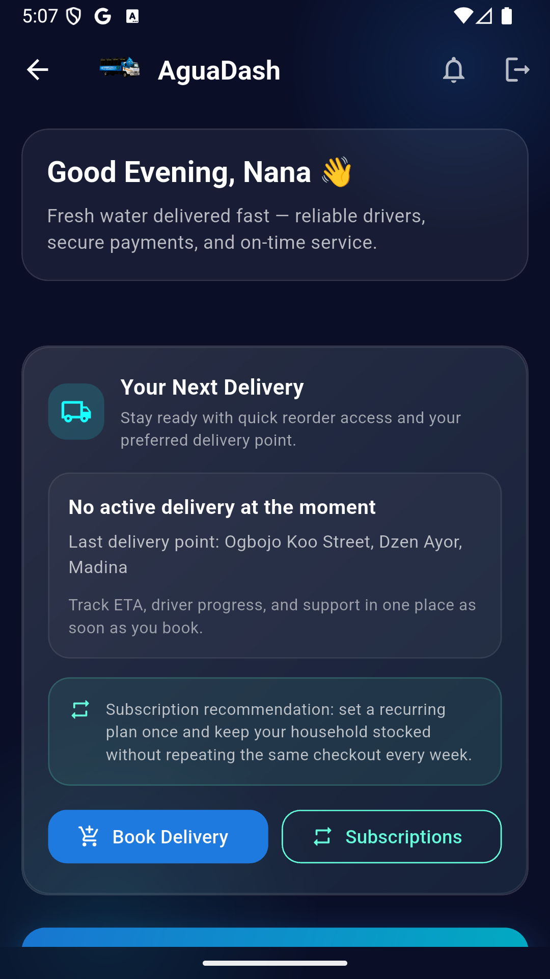 AguaDash live tracking screen showing driver ETA and delivery progress