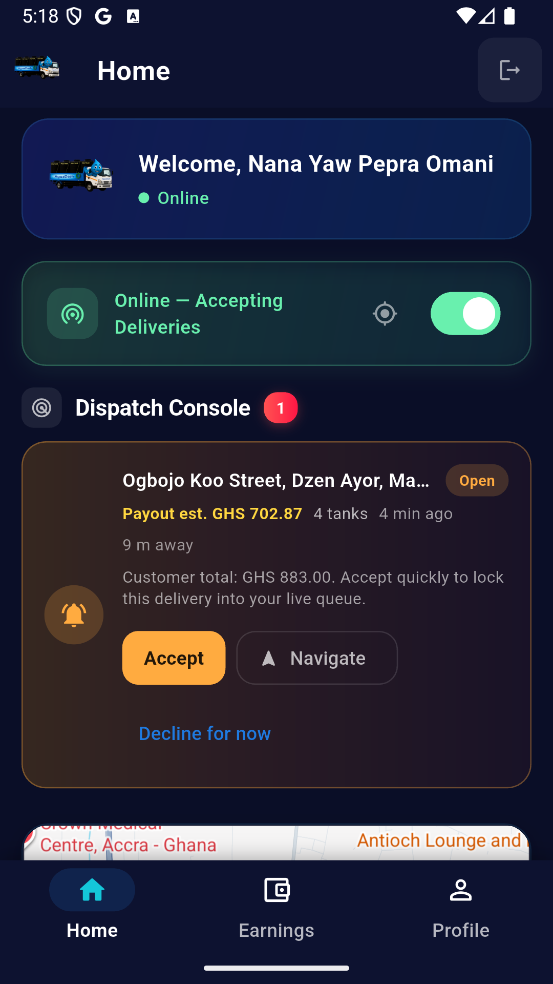 AguaDash driver dispatch console showing nearby delivery ready to accept