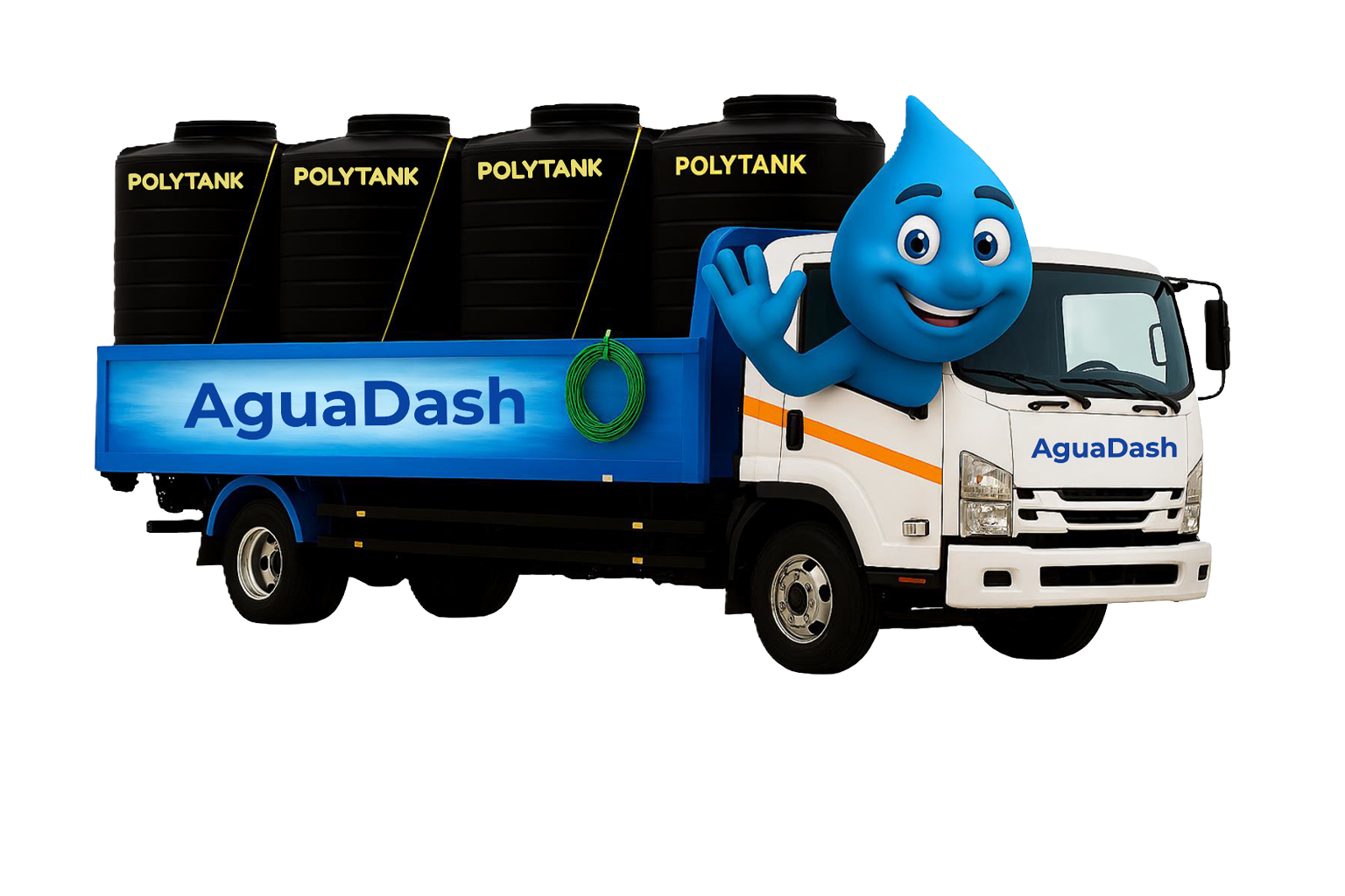 The AguaDash delivery truck loaded with four POLYTANK water tanks, alongside the AguaDash water-drop mascot